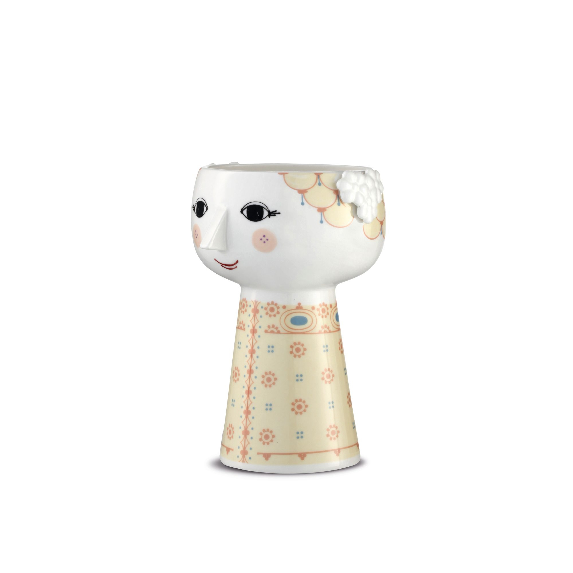 Gelbe Bjorn Wiinblad Eva Vase, 15 cm, mit Gesicht und floralen Mustern für Wohnzimmerdekoration.