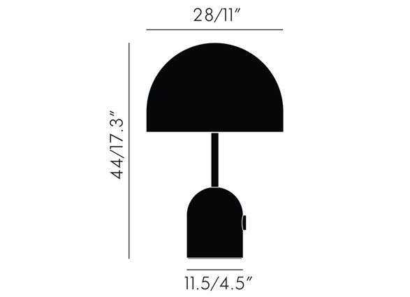 Skizze der Bell Tischleuchte von Tom Dixon mit Maßen in Zoll und Zentimetern.