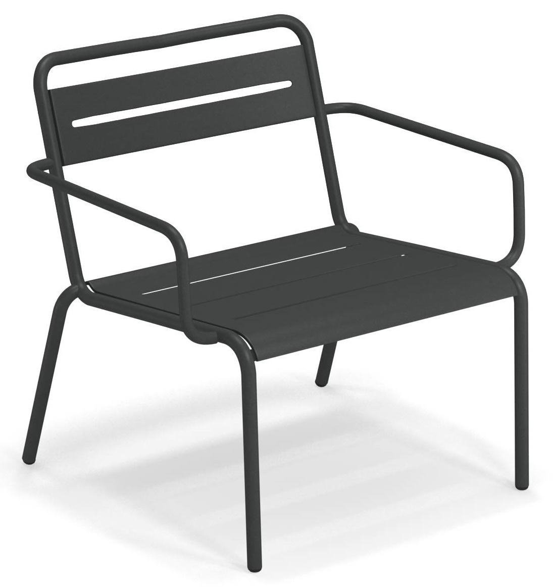 Star Lounge Chair Sessel Outdoor Emu, moderner Gartensessel aus anthrazitfarbenem Metall mit Armlehnen.