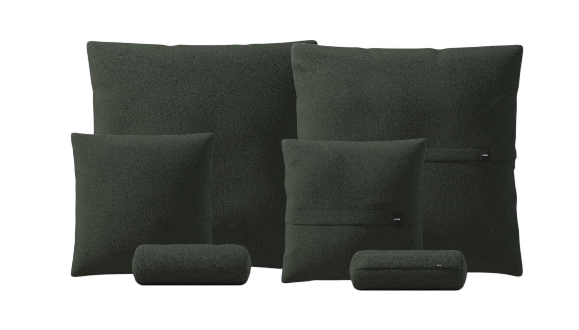 Vetsak Pillow Set: Sechs dunkelgrüne Kissen in verschiedenen Größen, quadratisch und zylindrisch.