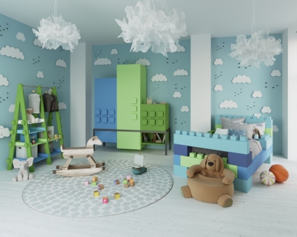 Kinderzimmer mit Spielzeug, Lego-Bett, Schaukelpferd, Kleiderständer und Wolken-Tapete für Jungen und Mädchen.
