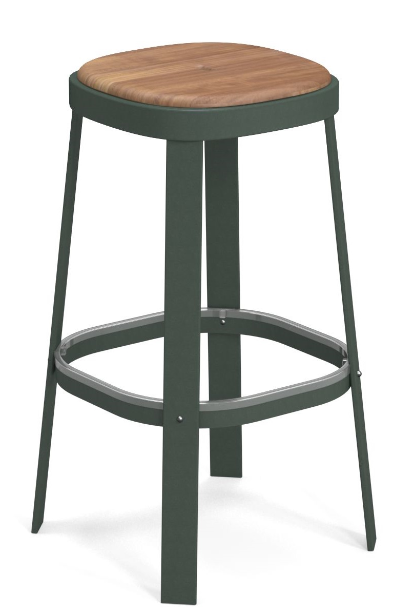 Thor Barstool Barhocker Outdoor Emu mit Holz-Sitzfläche und dunkelgrünem Metallgestell, ideal für den Garten.
