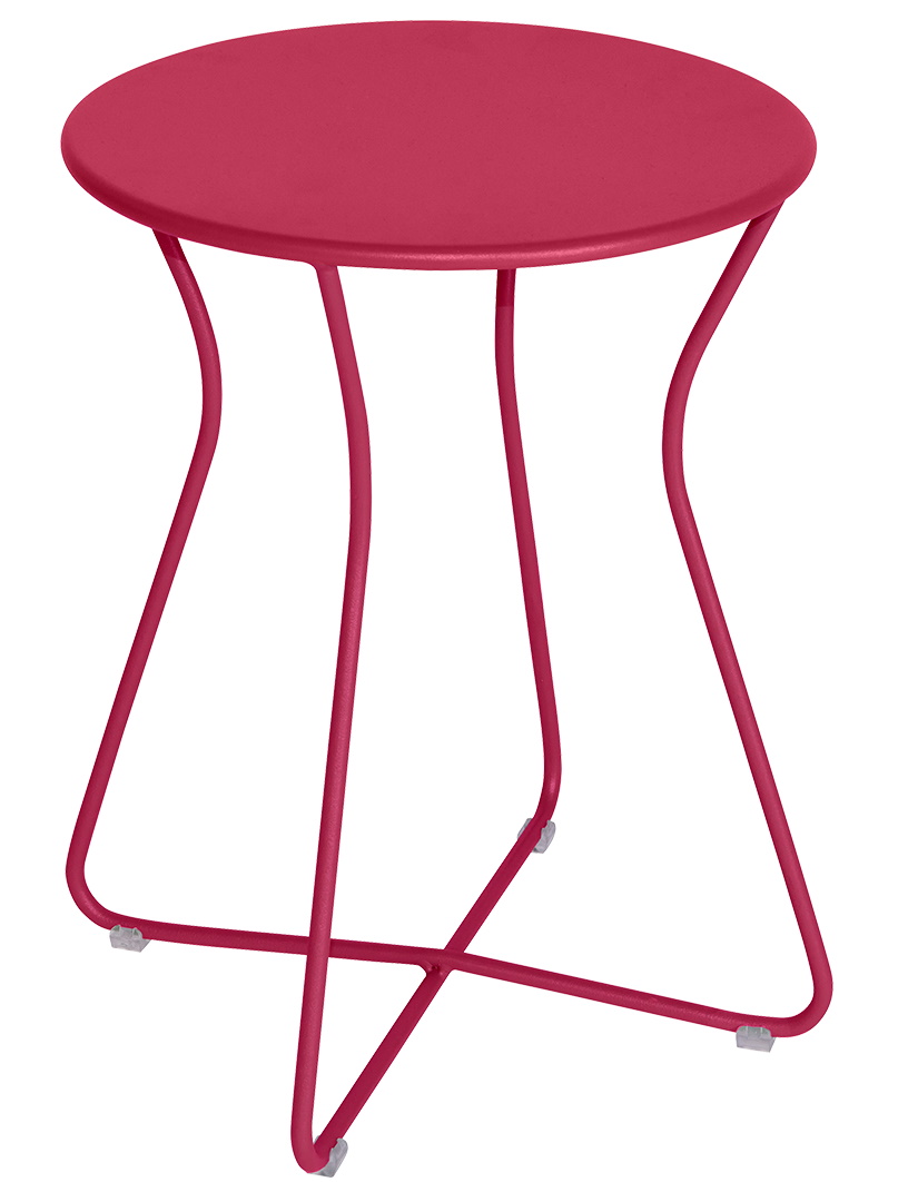Pinker Cocotte Hocker von Fermob für den Außenbereich, runder Beistelltisch aus Metall, moderne Gartenmöbel.