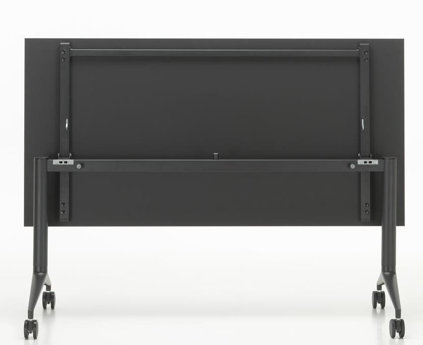 Ansicht der Unterseite des schwarzen MedaMorph Klapptischs von Vitra mit Rollen und Klappmechanismus.