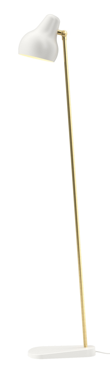 Weiße VL38 Stehleuchte von Louis Poulsen mit goldenem Gestell für Wohnzimmer und Schlafzimmer.
