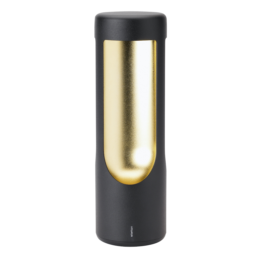Schwarze Stelton Elton LED Akkuleuchte mit goldenem Lichtausschnitt, moderne Tischleuchte.