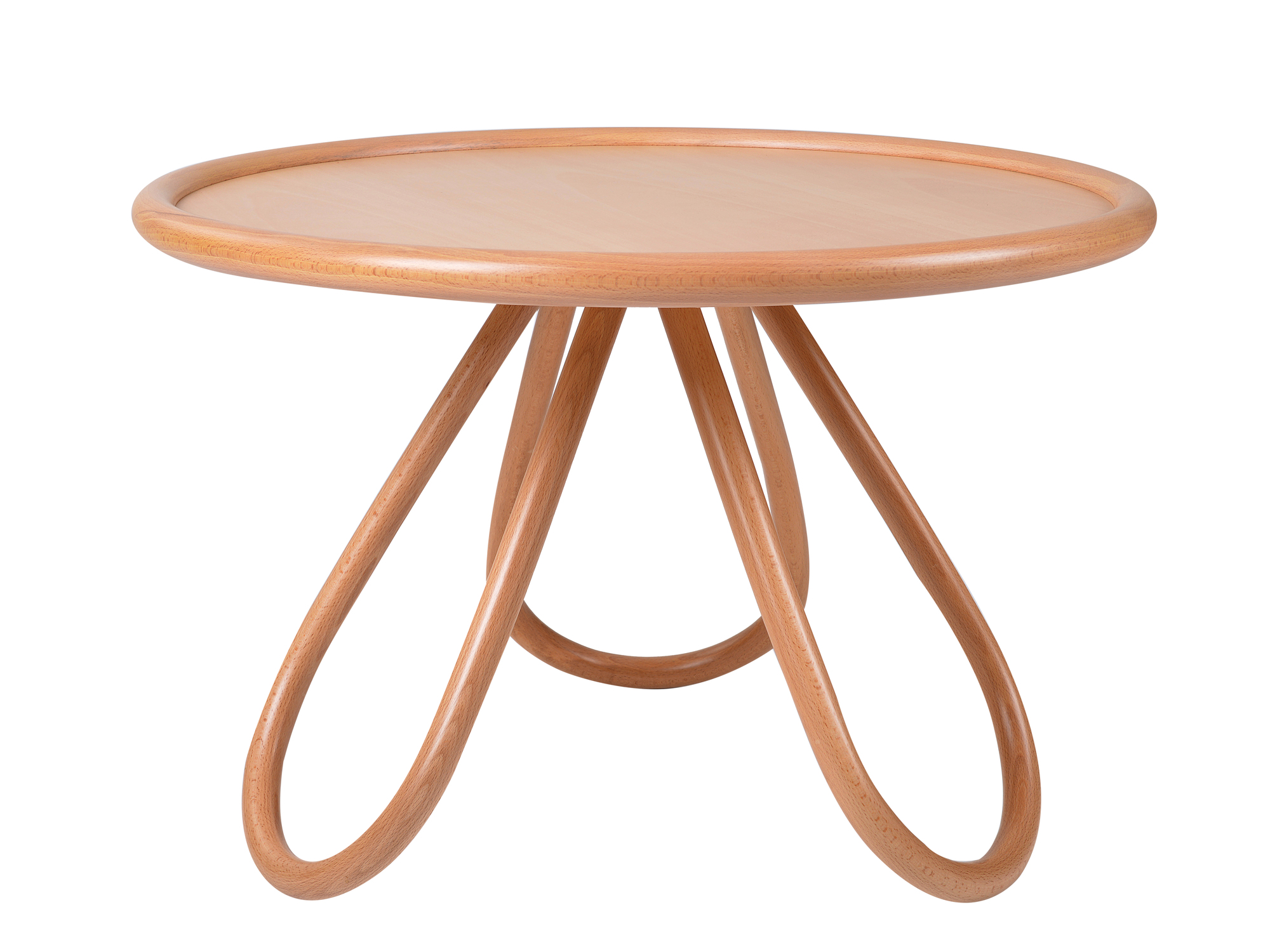 Arch Couchtisch von Wiener GTV Design, gebeizt, mit runder Tischplatte und gebogenen Holzbeinen.