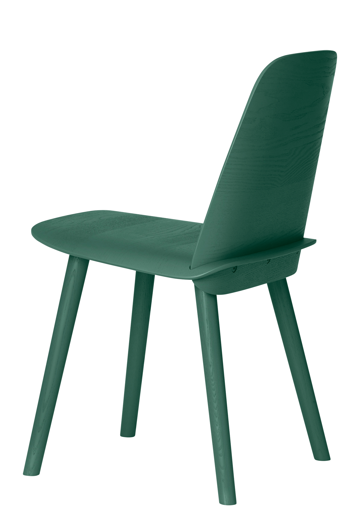 Grüner Holzstuhl, Nerd Chair von Muuto, Ansicht von hinten, modernes Design, Esszimmerstuhl.