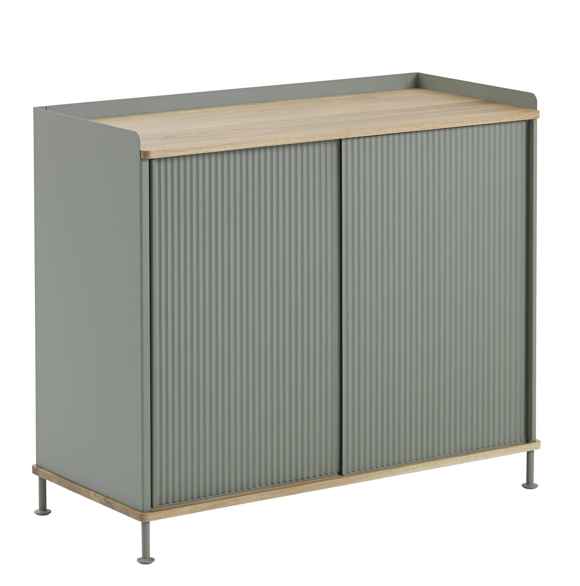 Graues Enfold Sideboard von Muuto mit Schiebetüren und hellem Holzdeckel für stilvolle Aufbewahrung.