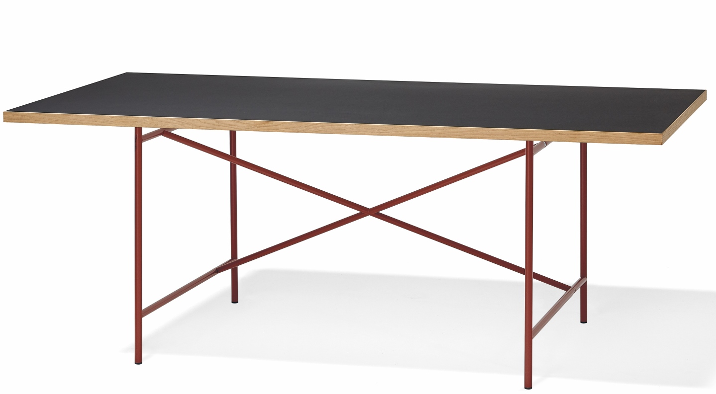 Eiermann Tisch mit schwarzer Tischplatte und rotem Stahlgestell, Designklassiker von Richard Lampert.