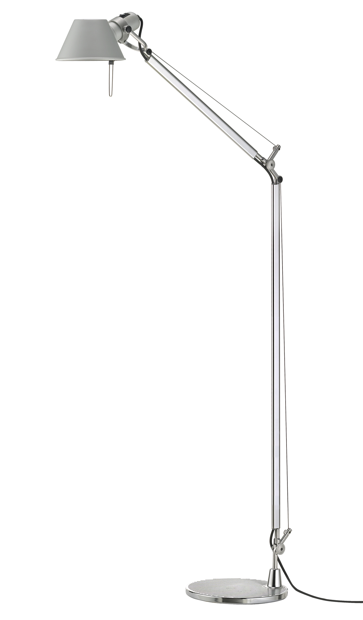 Artemide Tolomeo Basculante Stehleuchte mit grauem Lampenschirm und verstellbarem, silberfarbenem Leuchtenarm auf rundem Standfuß.
