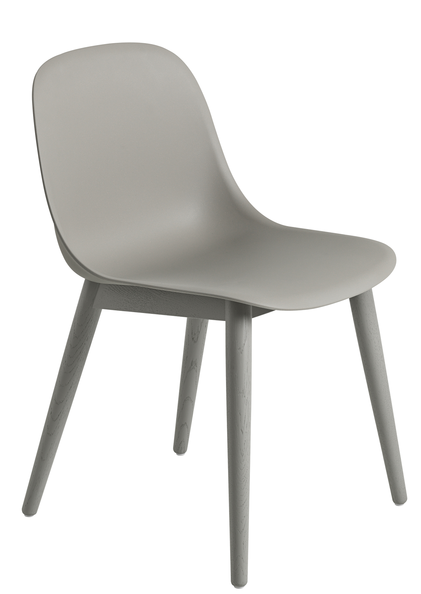 Grauer Muuto Fiber Side Chair mit Holzbeinen, moderner Stuhl für Esszimmer und Büro.