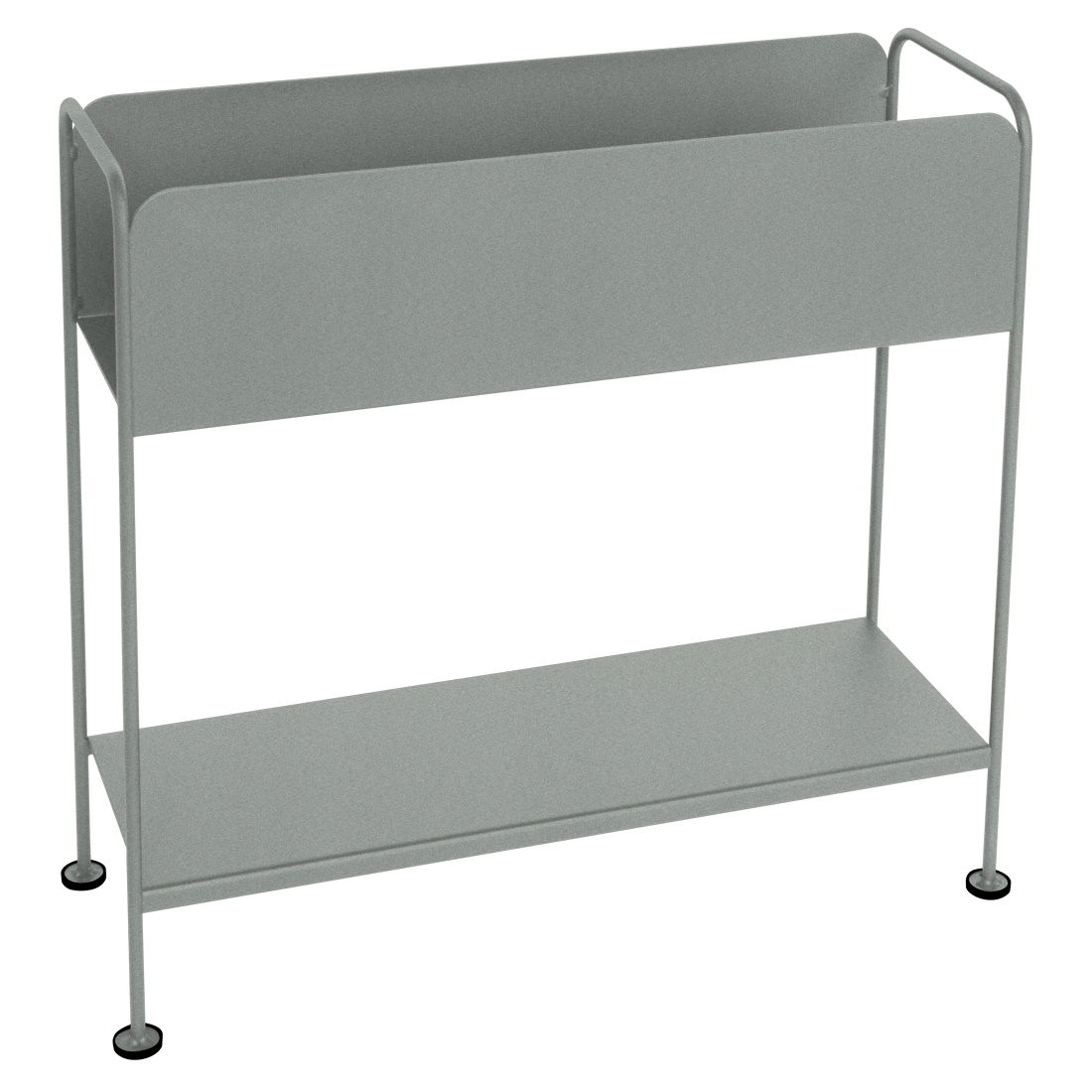 Grauer Picolino Blumentopf von Fermob für den Außenbereich, modernes Design mit zwei Ablageflächen für Pflanzen.