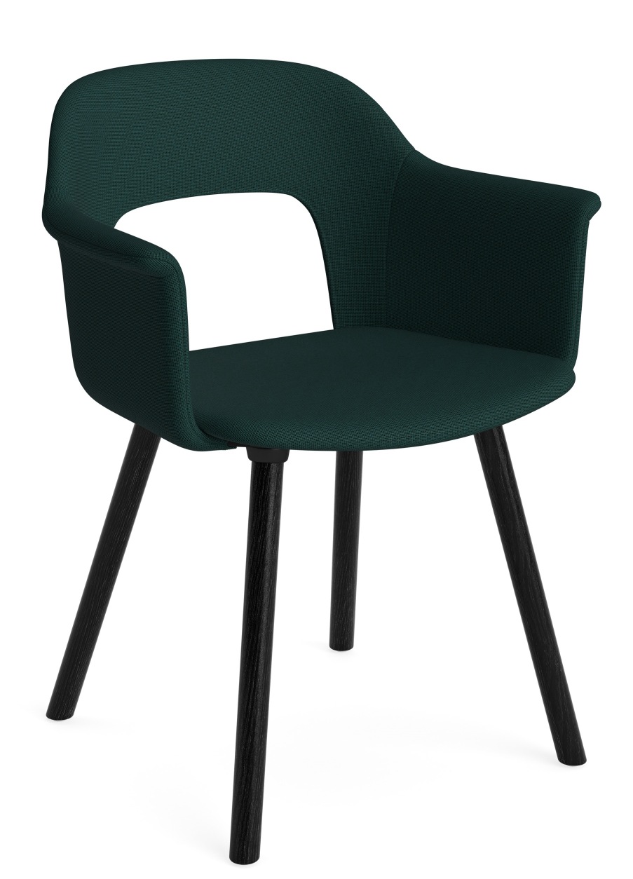 Layout Armchair 224 von Hay, Armlehnstuhl in Dunkelgrün mit schwarzen Holzbeinen, modernes Design für Esszimmer und Büro.