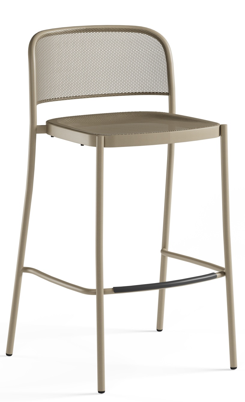 Café Barstool Barhocker von Emu für den Außenbereich, Metallgestell in Taupe mit Fußstütze.
