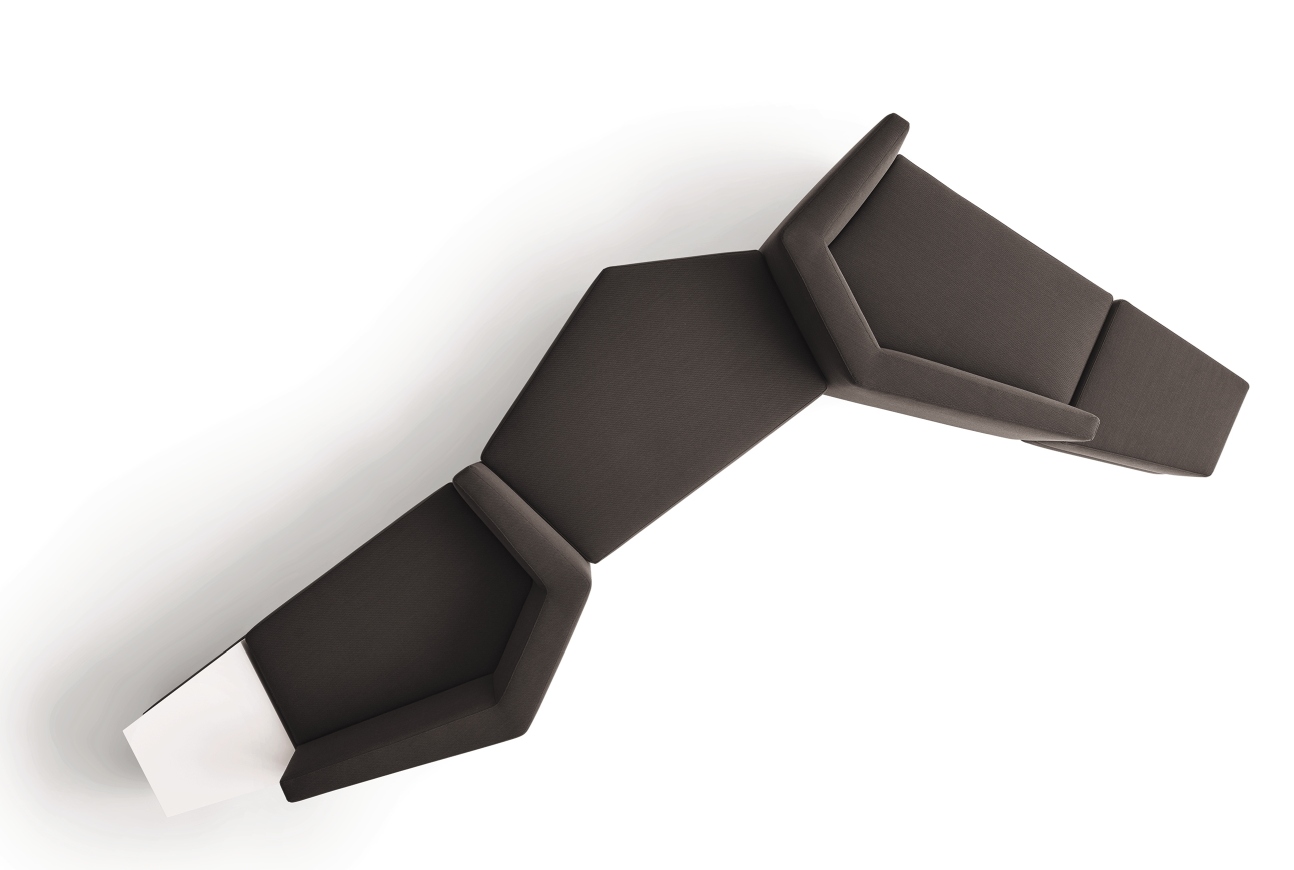 Draufsicht: Modulares Scope Sofa Sitzelement von Cor in Dunkelbraun mit niedrigem Design und weißen Akzenten.