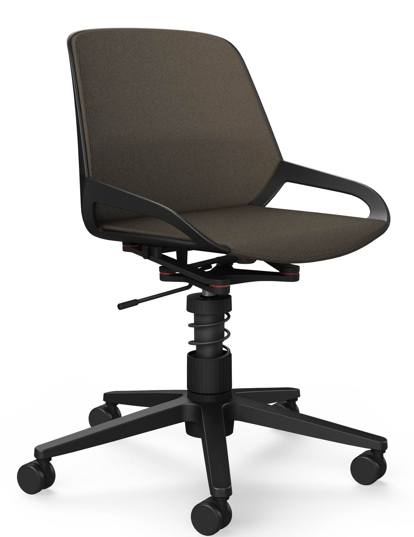 Numo Task Bürodrehstuhl von Aeris mit braunem Stoffbezug, Federbein und Rollen für ergonomisches Sitzen im Büro.