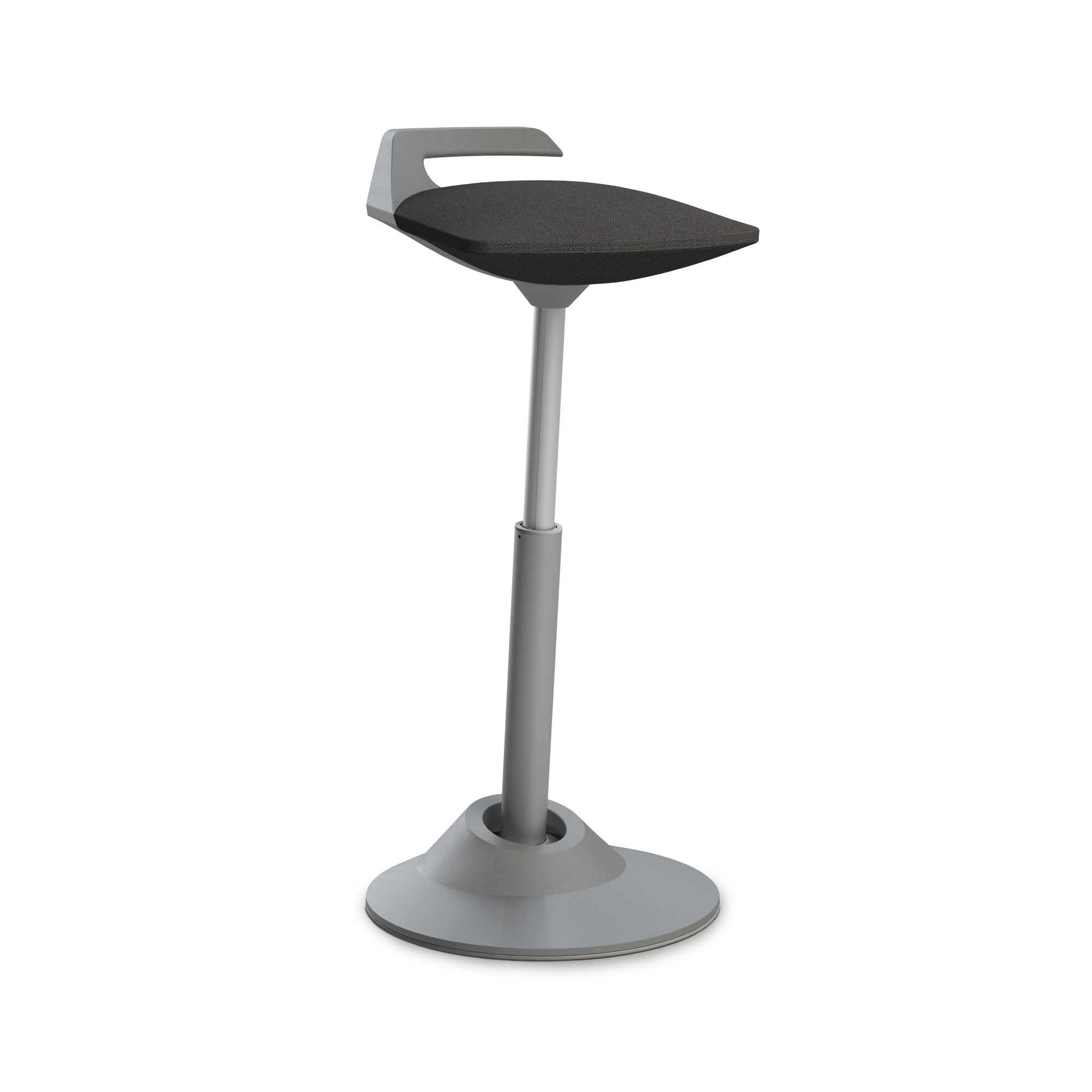 Muvman Stehhocker: Grauer, höhenverstellbarer Sitzhocker mit schwarzem Sitzpolster für ergonomisches Sitzen und Stehen.