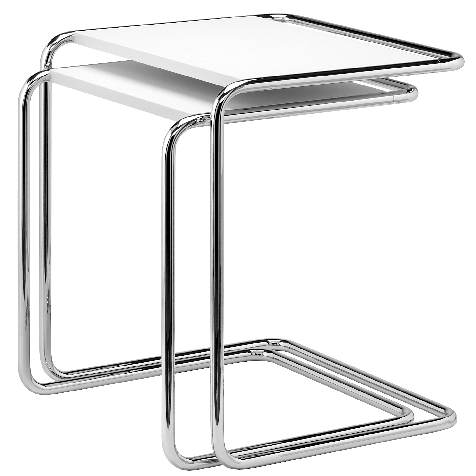 B97 Thonet Beistelltisch Set: Zwei weiße Tische mit verchromtem Stahlrohrgestell, modernes Design.