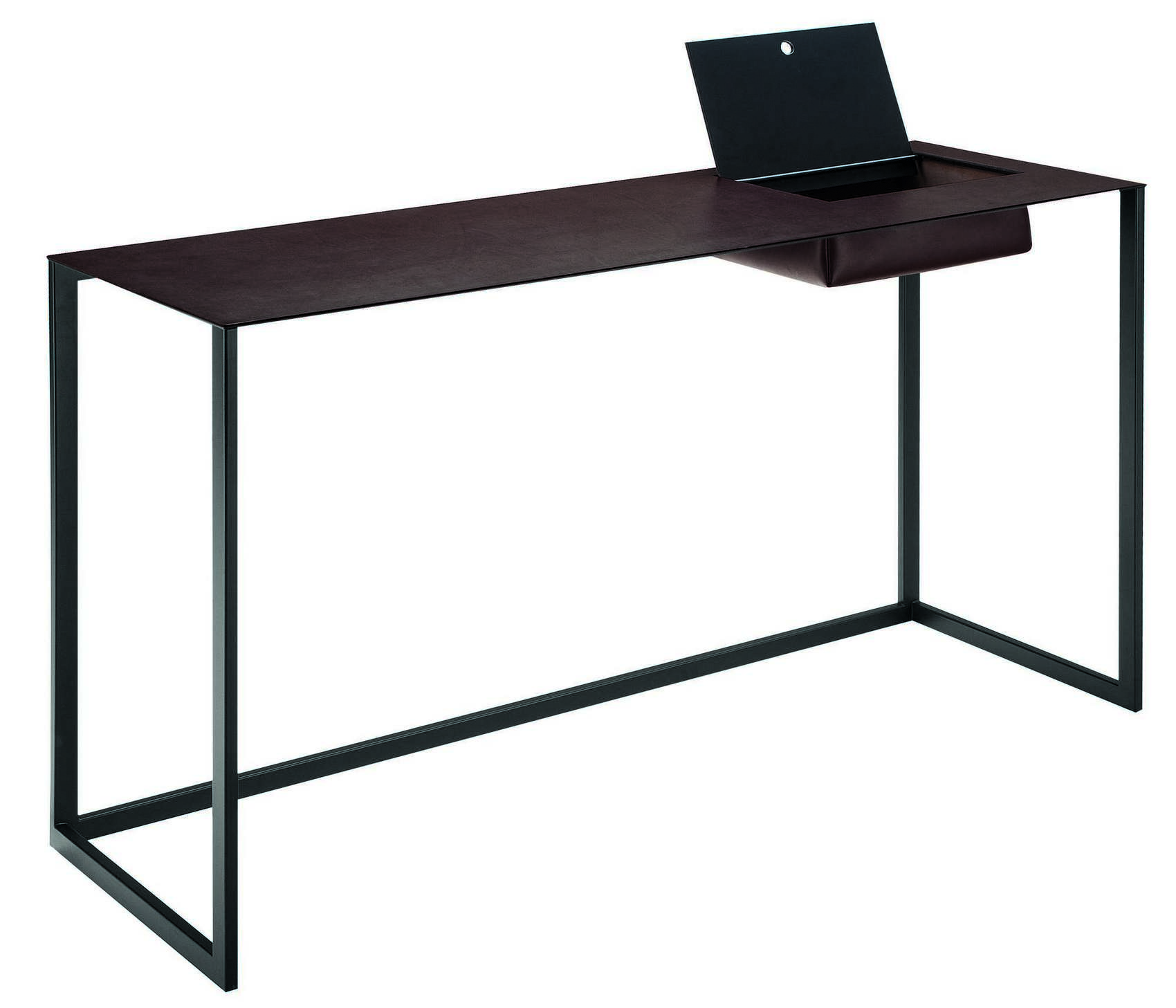 Calamo Schreibtisch von Zanotta: Moderner Design Schreibtisch mit brauner Tischplatte und integrierter Aufbewahrungsbox.
