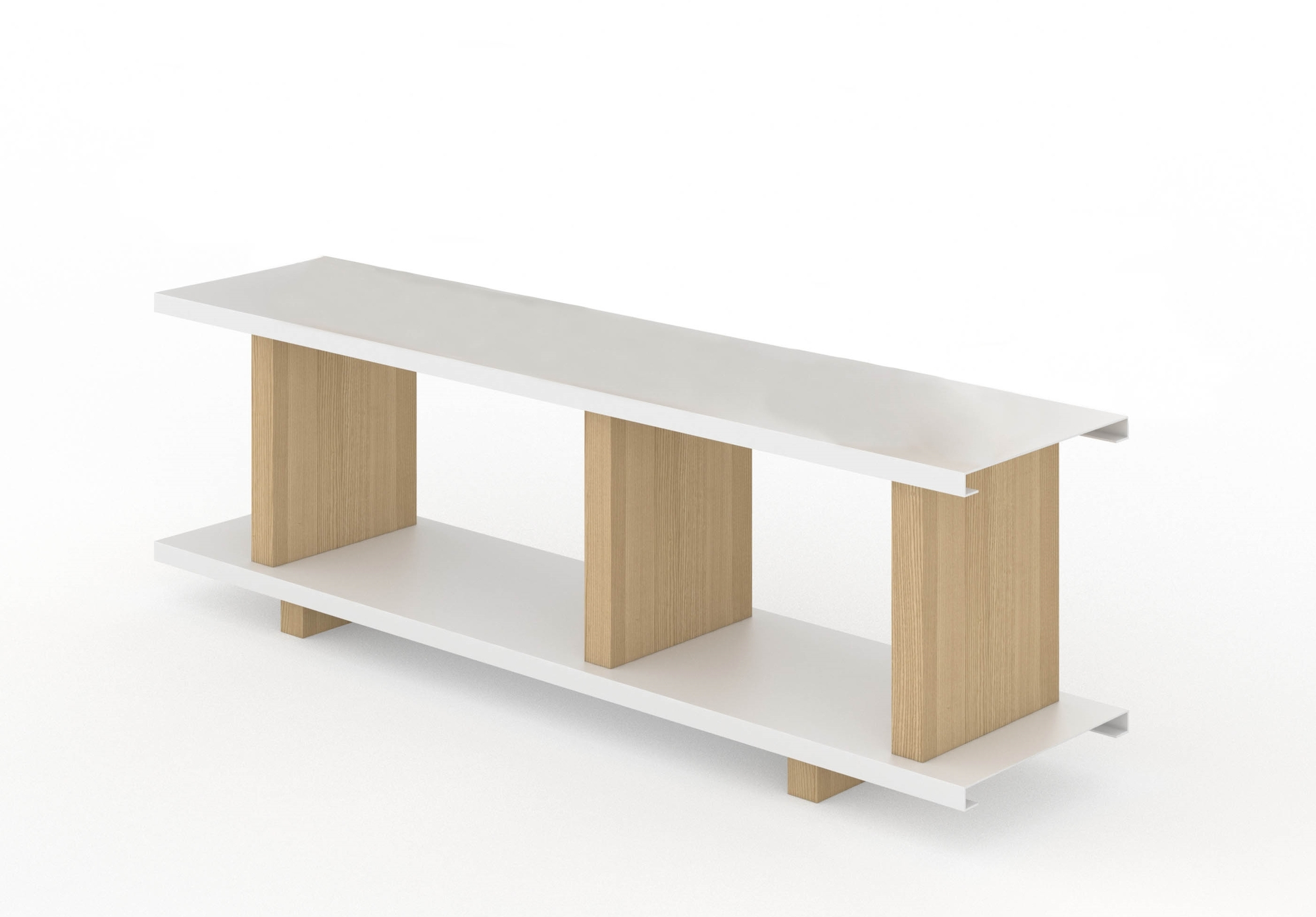Dreh Regal Grundmodul Tojo: Modernes, weißes Regal mit Holzstützen für Wohnzimmer und Büro.
