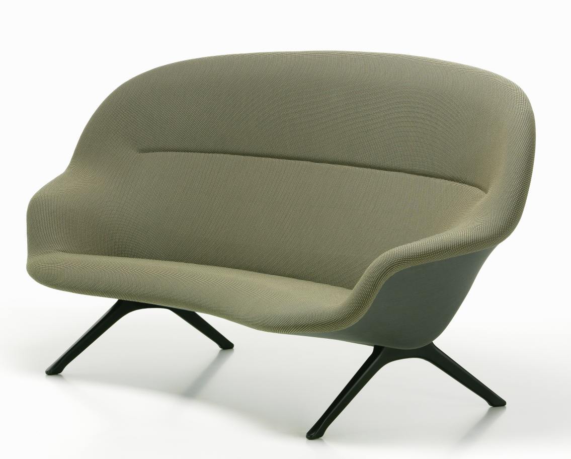 Vitra Abalon Sofa, modernes Zweisitzer-Sofa mit olivgrünem Stoffbezug und schwarzem Fußgestell, seitliche Ansicht.