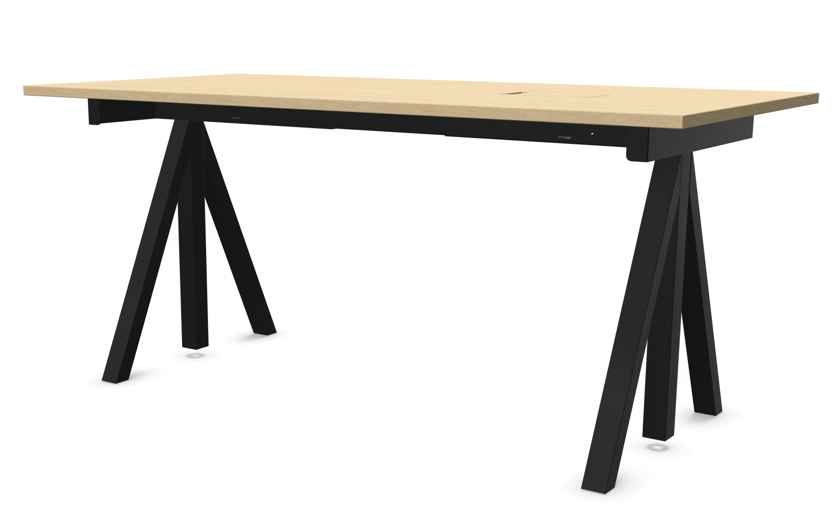 Wordesk Table Schreibtisch von String Furniture mit hellem Holz und schwarzem, modernem A-förmigen Gestell.