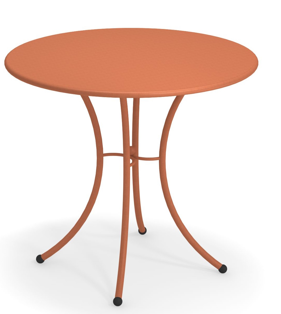 Pigalle Tisch rund Outdoor Emu, orangefarbener Gartentisch mit filigranem Metallgestell für Balkon und Terrasse.