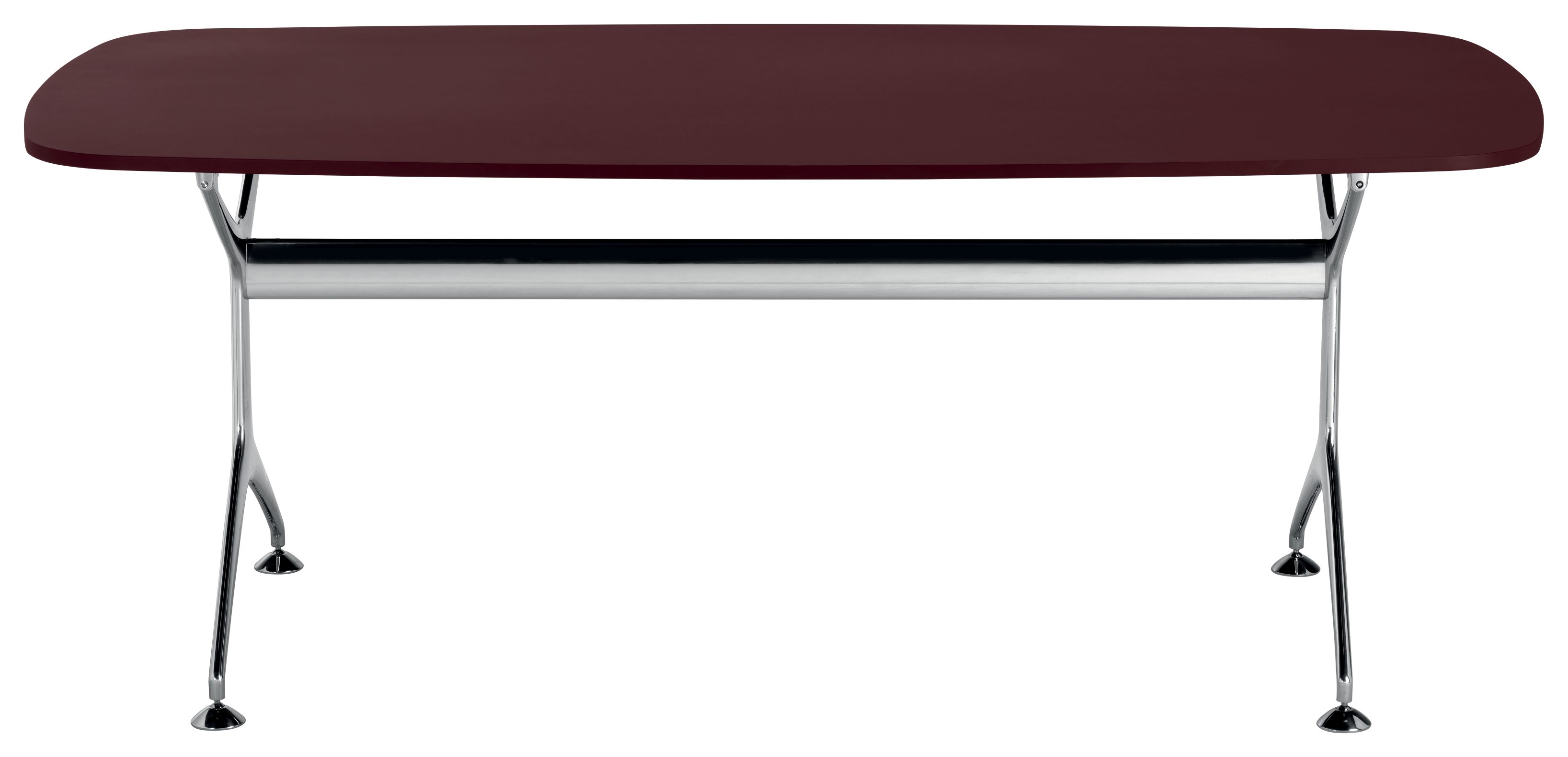 Frametable Tisch Alias: Moderner Esstisch mit bordeauxroter Tischplatte und verchromtem Metallgestell für Esszimmer und Büro.