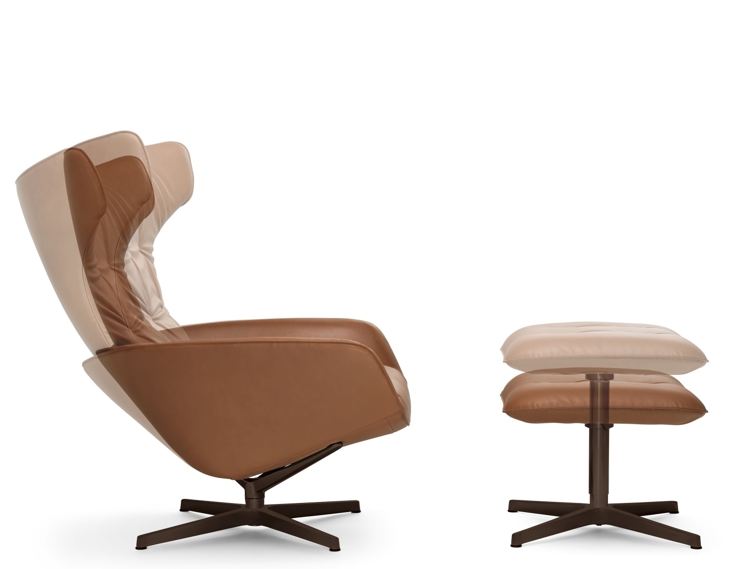 Onsa Sessel von Walter Knoll mit passendem Hocker, braunes Leder, modernes Möbeldesign.