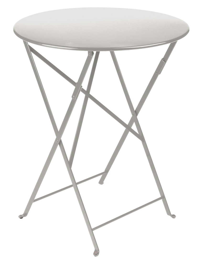 Fermob Bistro+ Tisch für den Außenbereich, runder, klappbarer Gartentisch aus Metall in Hellgrau.