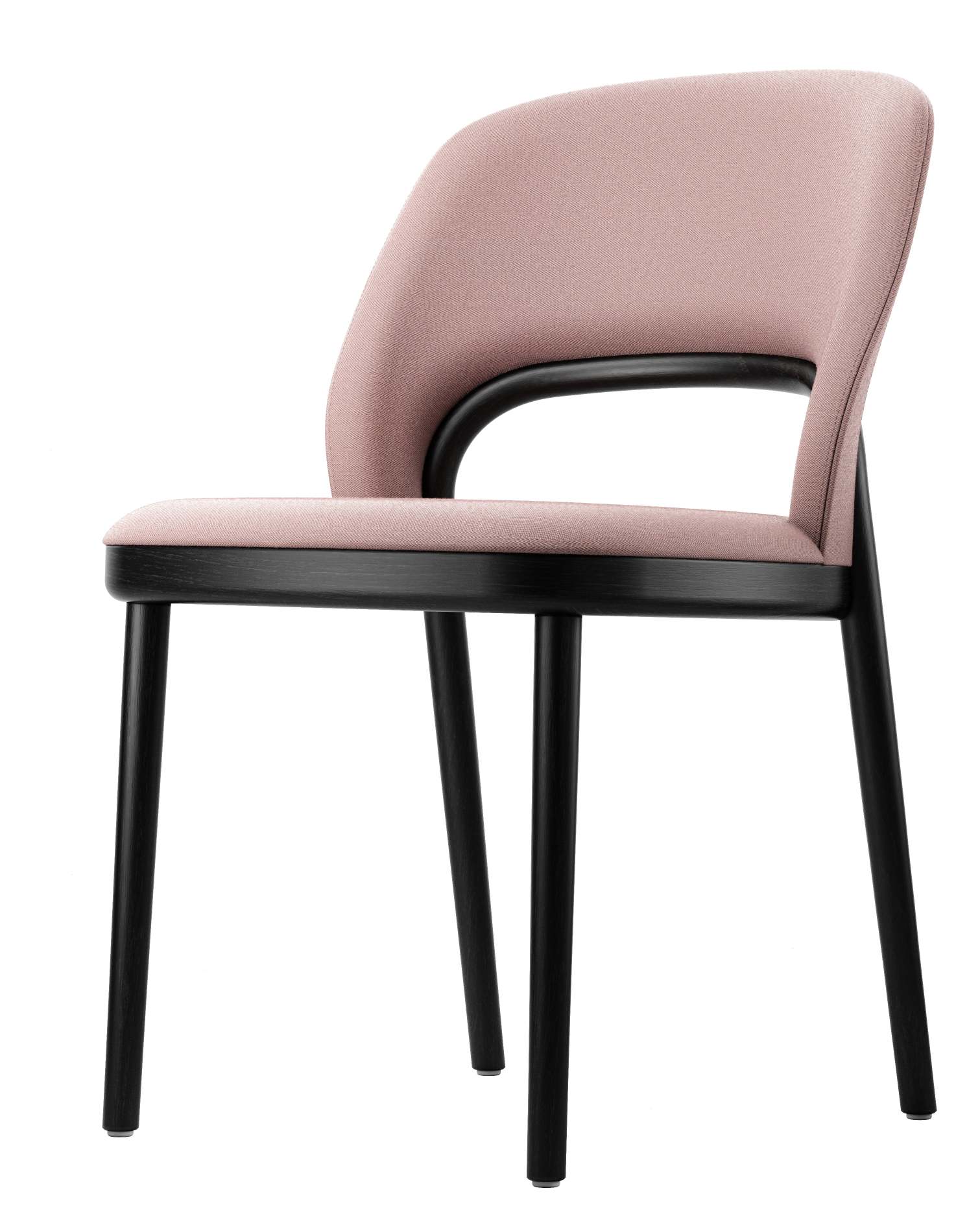 Thonet 520 P Stuhl mit rosa Polsterung und schwarzem Holzgestell, moderne Sitzmöbel für Esszimmer.