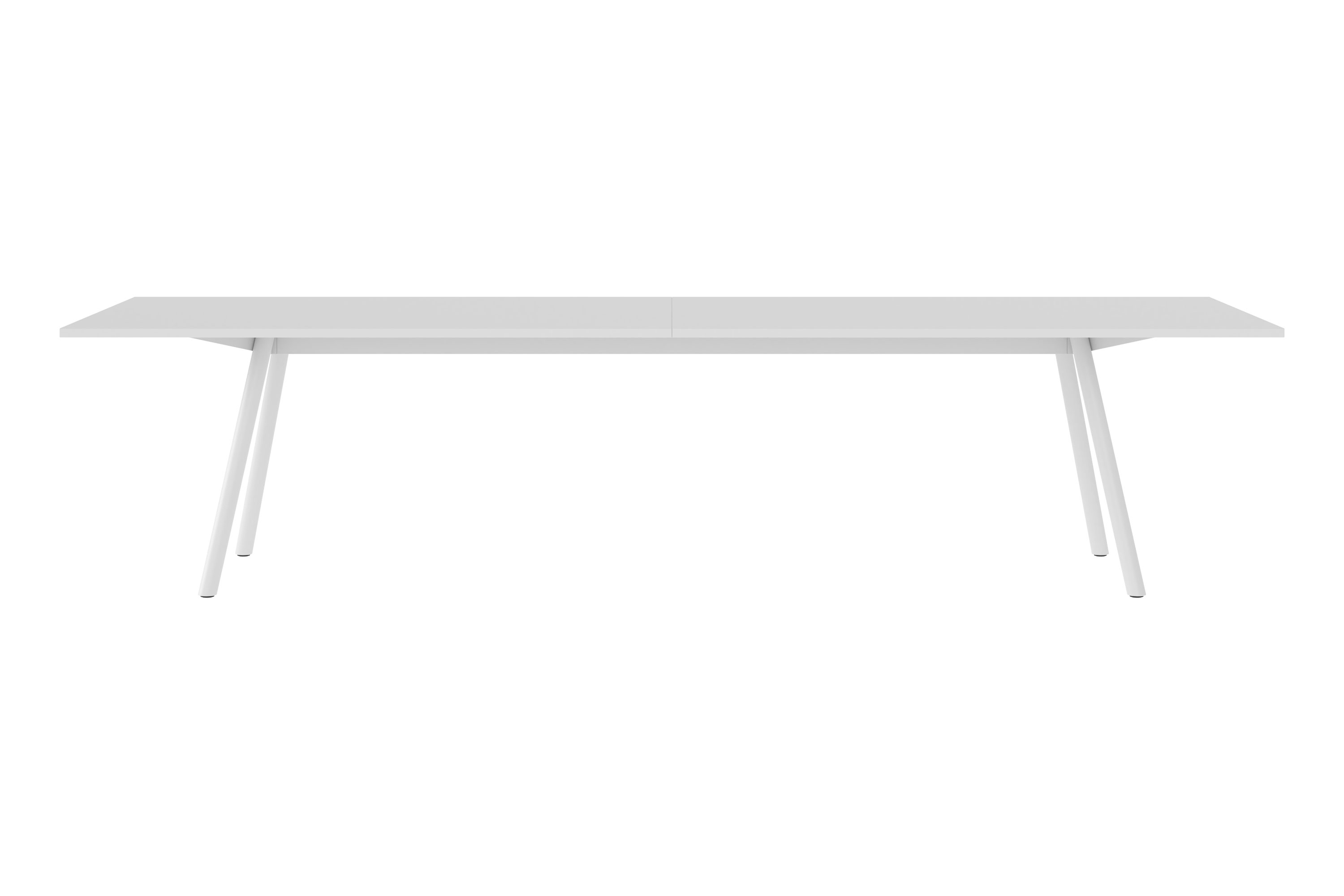 New Tendency Masa Tischplatte, weißer Esstisch mit minimalistischem Design und schrägen Tischbeinen.