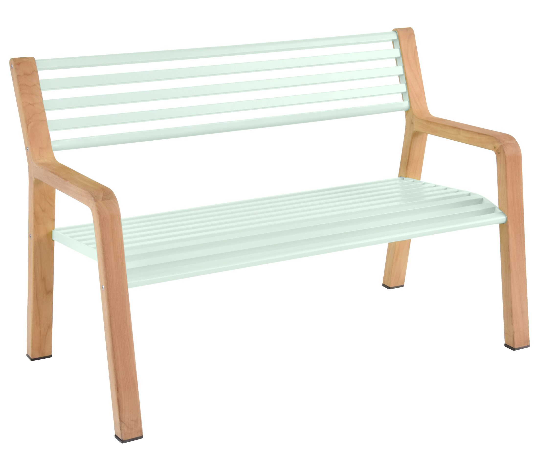 Somerset Bank Outdoor Fermob: Moderne Gartenbank aus Holz und mintfarbenem Metall für den Außenbereich.
