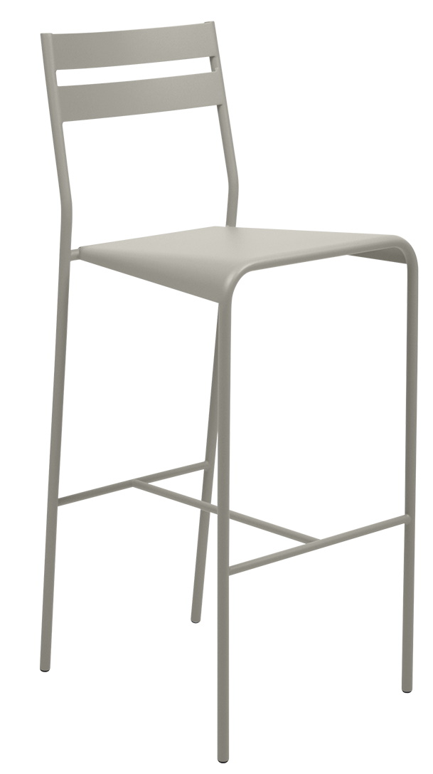 Facto Barstool: Moderner, grauer Outdoor-Barhocker von Fermob mit Rückenlehne und Fußstütze.