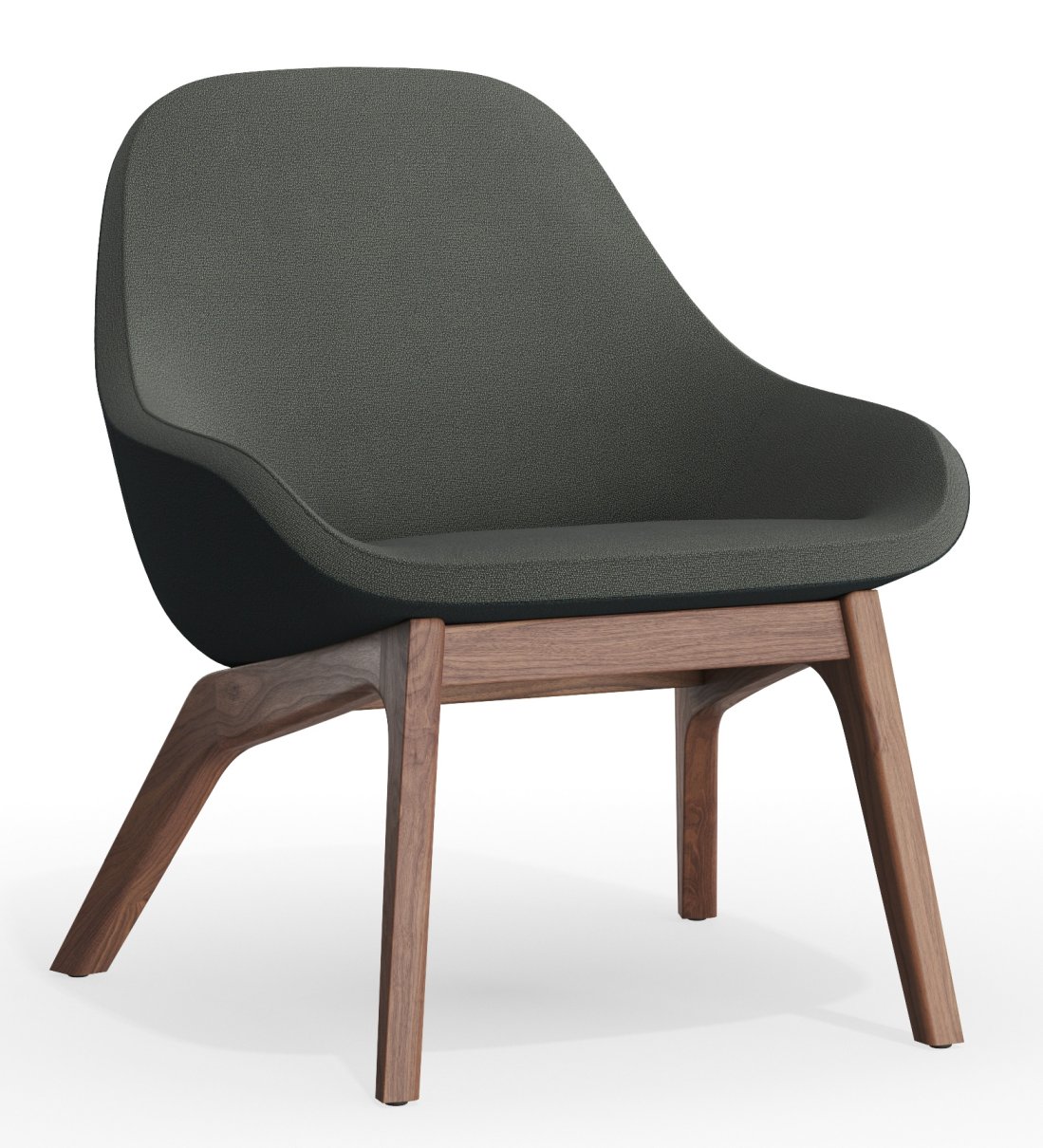Morph Lounge Chair Sessel Zeitraum mit grauem Stoffbezug und Holzgestell, moderner Design Sessel.