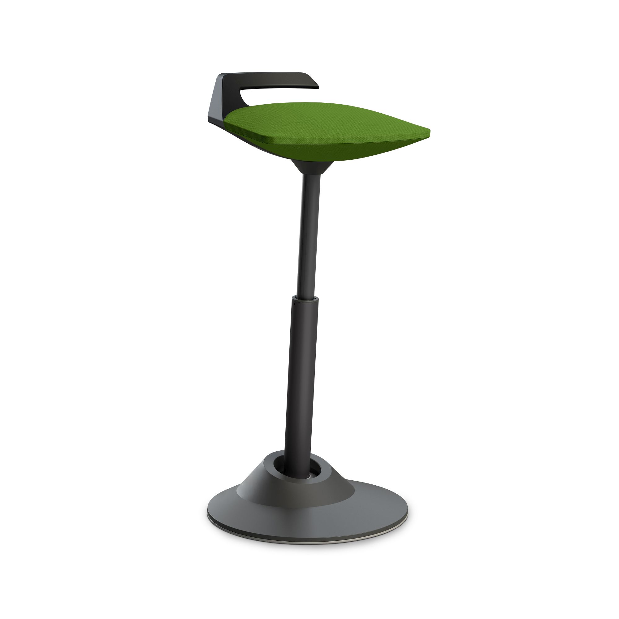 Grüner Stehhocker mit Griff, höhenverstellbar und ergonomisch für Büro und Homeoffice.
