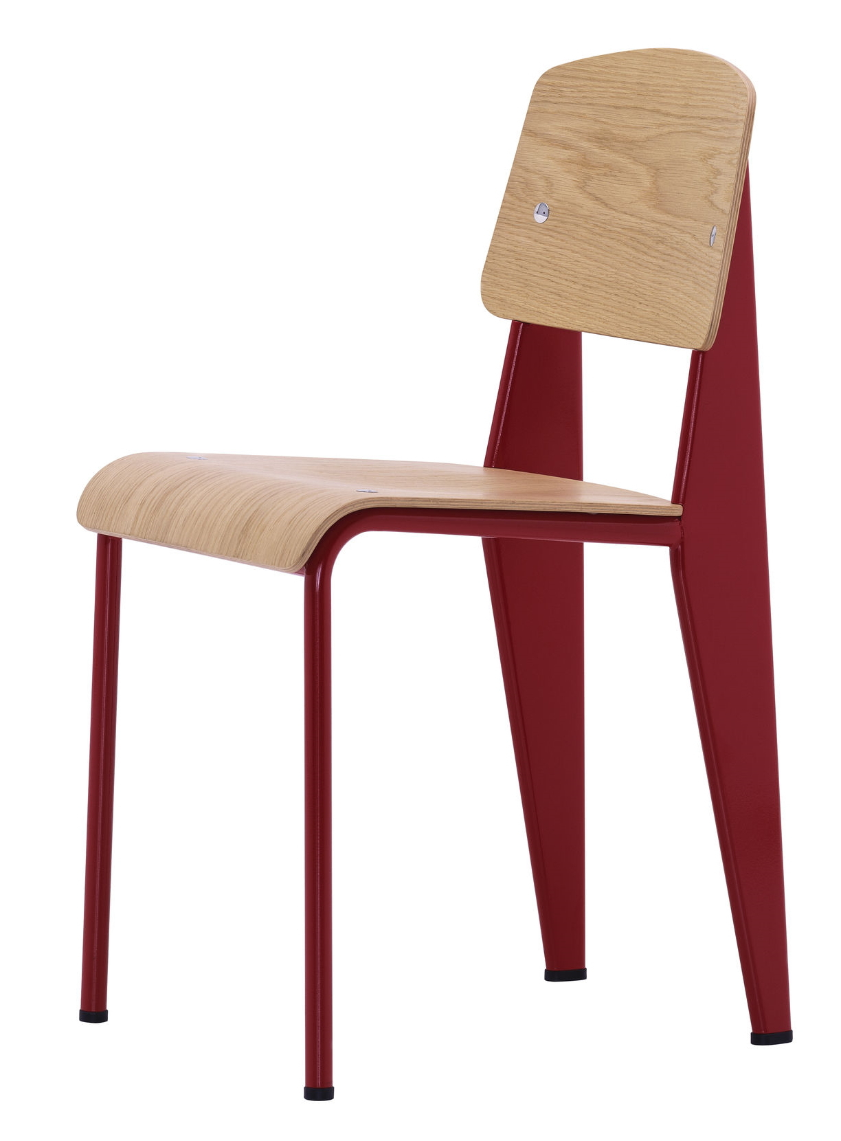Vitra Standard Stuhl mit rotem Stahlgestell und Sitzfläche sowie Rückenlehne aus hellem Holz.
