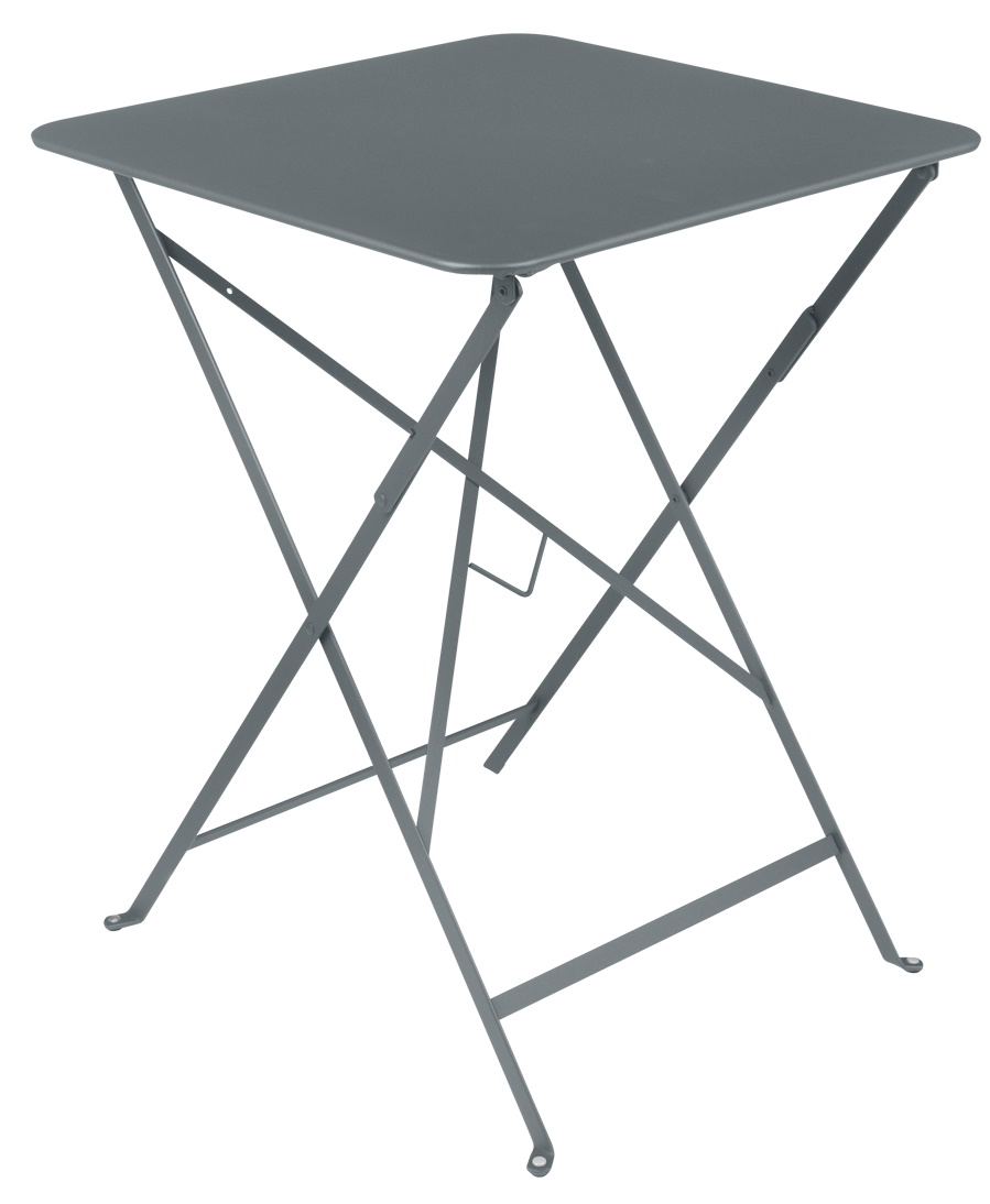 Quadratischer, anthrazitfarbener Bistro Tisch von Fermob für den Außenbereich, zusammenklappbar und platzsparend.