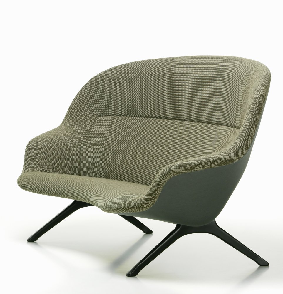 Abalon Sofa von Vitra, moderner Sessel mit olivgrünem Stoffbezug und schwarzem Fußgestell.
