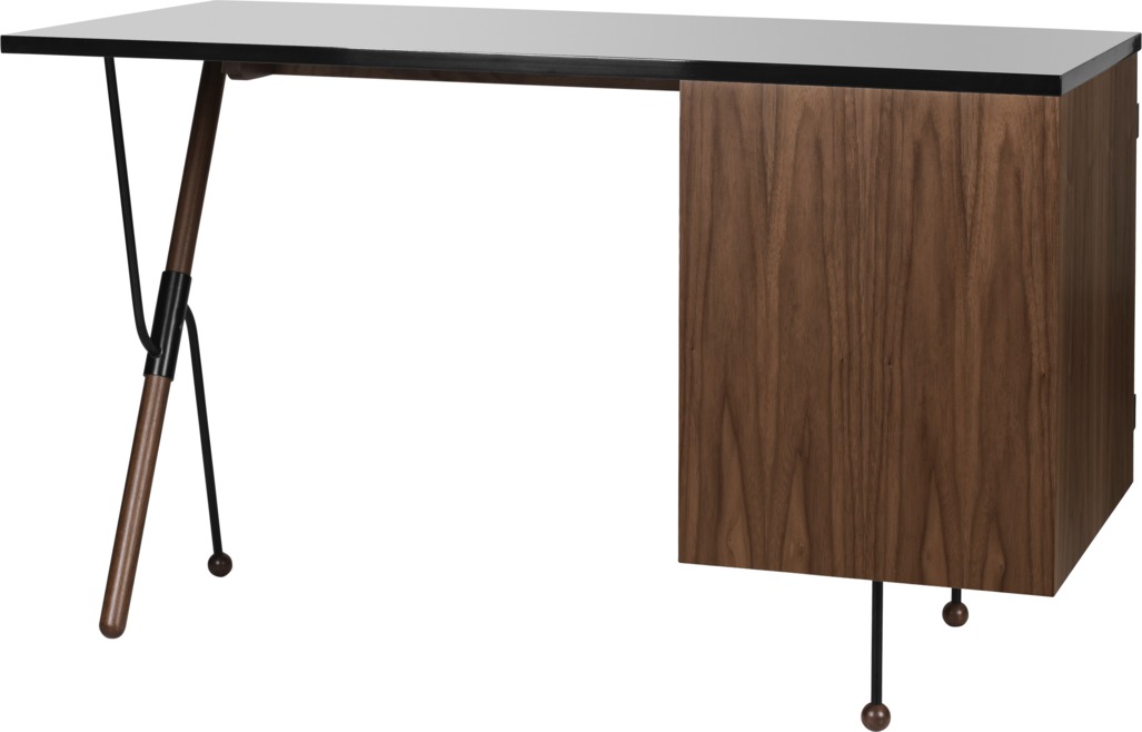 Gubi 62 Desk Schreibtisch mit schwarzer Tischplatte und Schubladenelement aus Nussbaumholz, modernes Design.