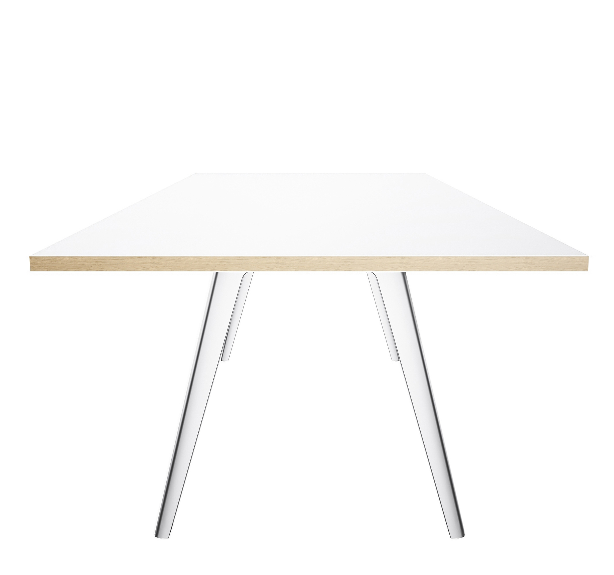 Weißer Thonet Tisch 1500 mit hellen Holzdetails und filigranen, silbernen Tischbeinen.