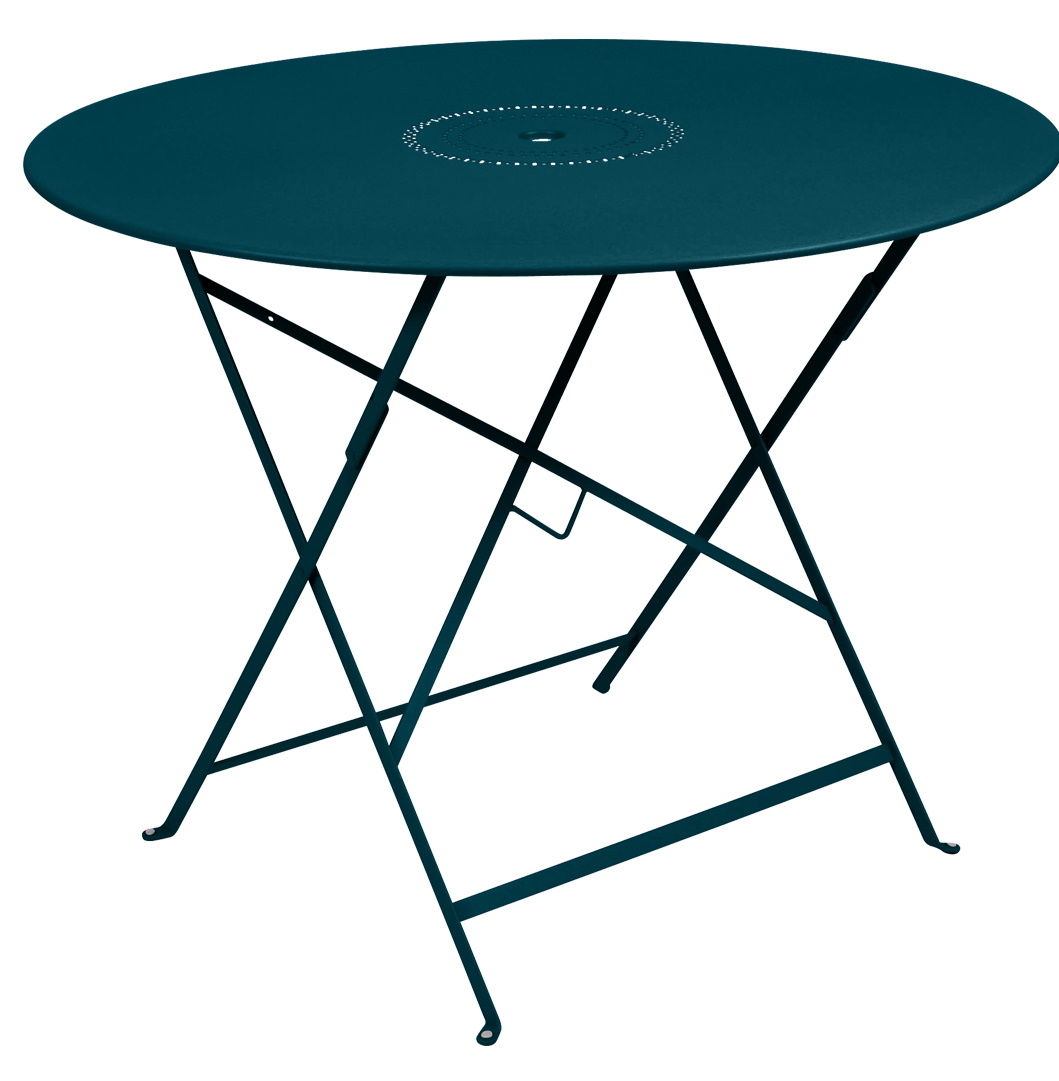Floréal Tisch Outdoor Fermob, runder Gartentisch aus Metall, klappbar und in Petrolblau.