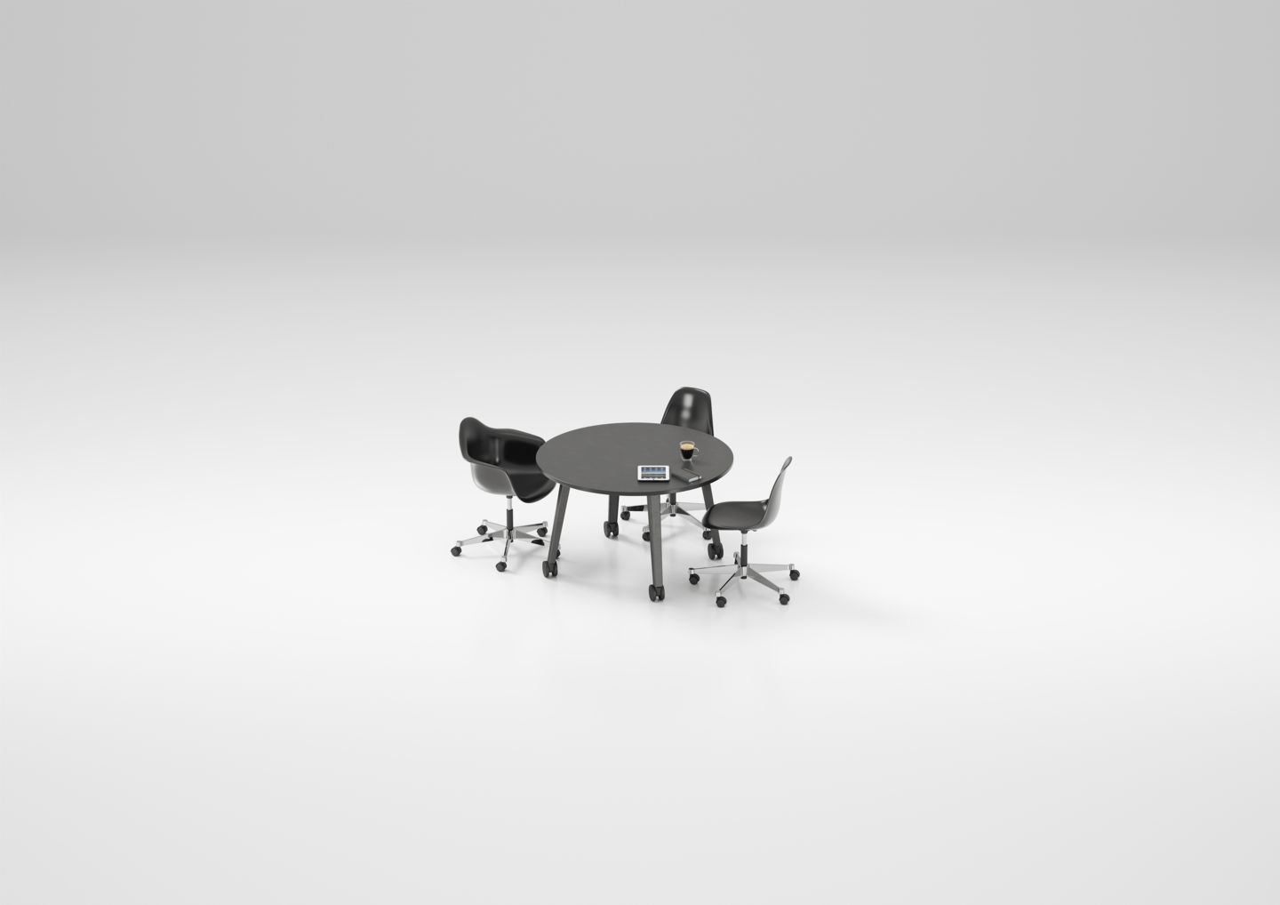 Eames Plastic Arm Chairs PACC von Vitra um einen runden Tisch mit Rollen, modernes Büromöbel.