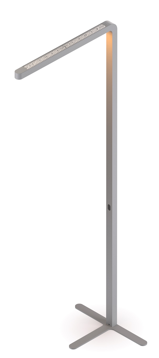 Team Agile Stehleuchte in Grau: Moderne LED-Stehlampe mit minimalistischem Design und X-förmigem Fuß.