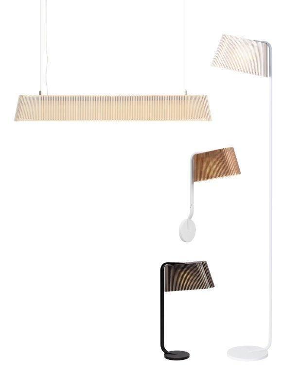 Secto Design Leuchten-Kollektion: Owalo 7000 Pendelleuchte, Stehleuchte und Wandleuchte in verschiedenen Farben auf weißem Hintergrund.