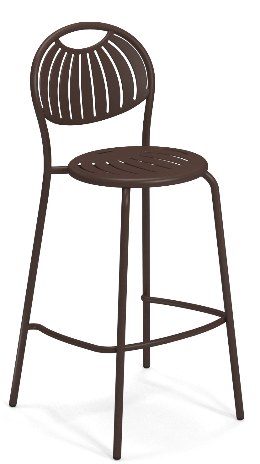 Coupole Barstool Barhocker Outdoor Emu, braun, mit runder Sitzfläche und Rückenlehne mit vertikalen Schlitzen.