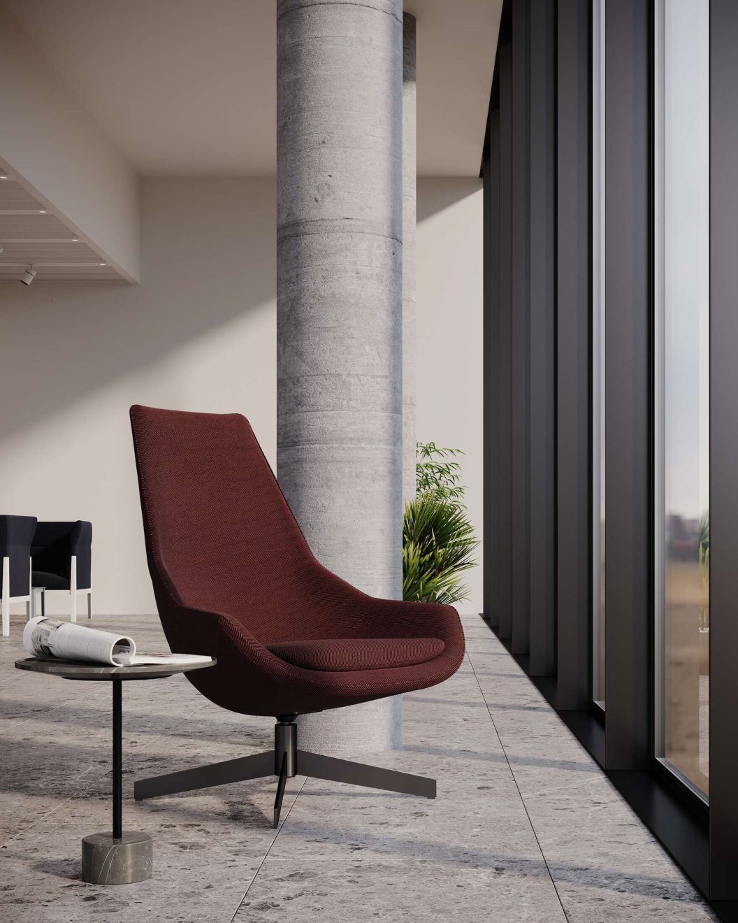 Burgunderfarbener Sessel Cassina 194 Tisch, moderner Drehsessel mit hohem Rücken und kleinem Beistelltisch.
