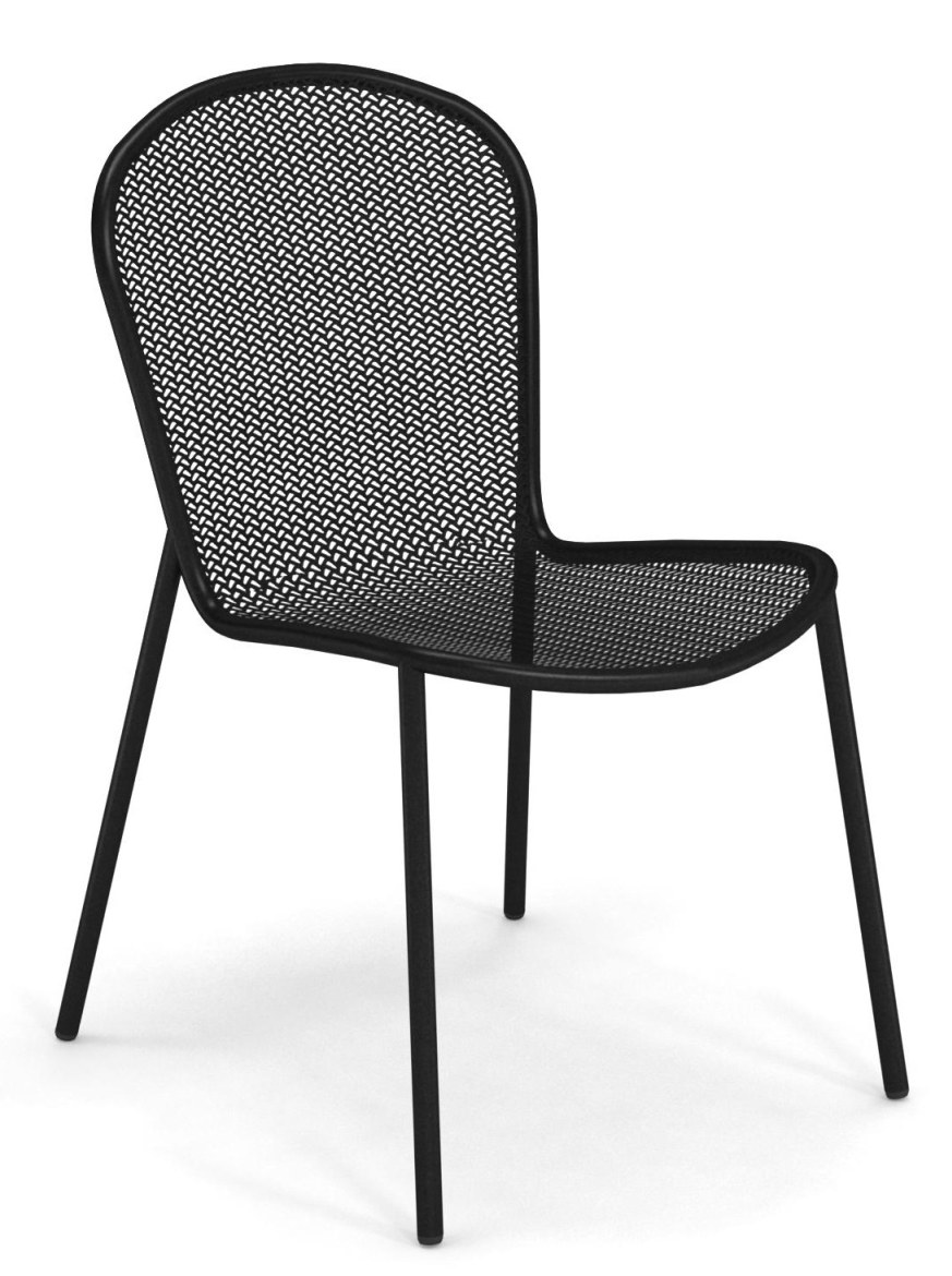 Ronda X Stuhl Outdoor Emu, schwarzer Metallstuhl mit Netzmuster für Garten, Terrasse und Balkon.