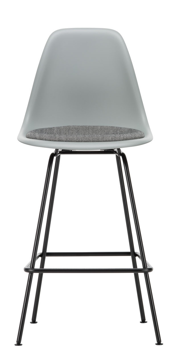 Eames Barhocker von Vitra, hellgraue Sitzschale mit grauem Sitzpolster und schwarzem Metallgestell.